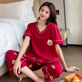 本命年大码 家居服套装 睡衣夏季 女200斤胖mm纯棉红色2026休闲夏款