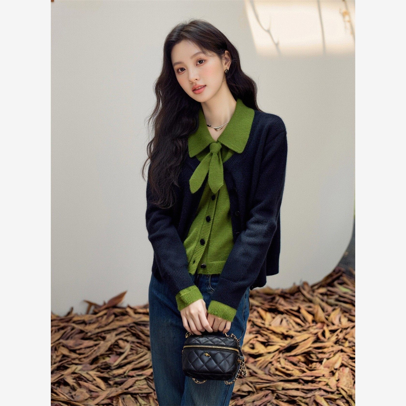 拉窝姐姐氛围感穿搭覆古假两件开衫毛衣女秋季翻领超好看宽松上衣