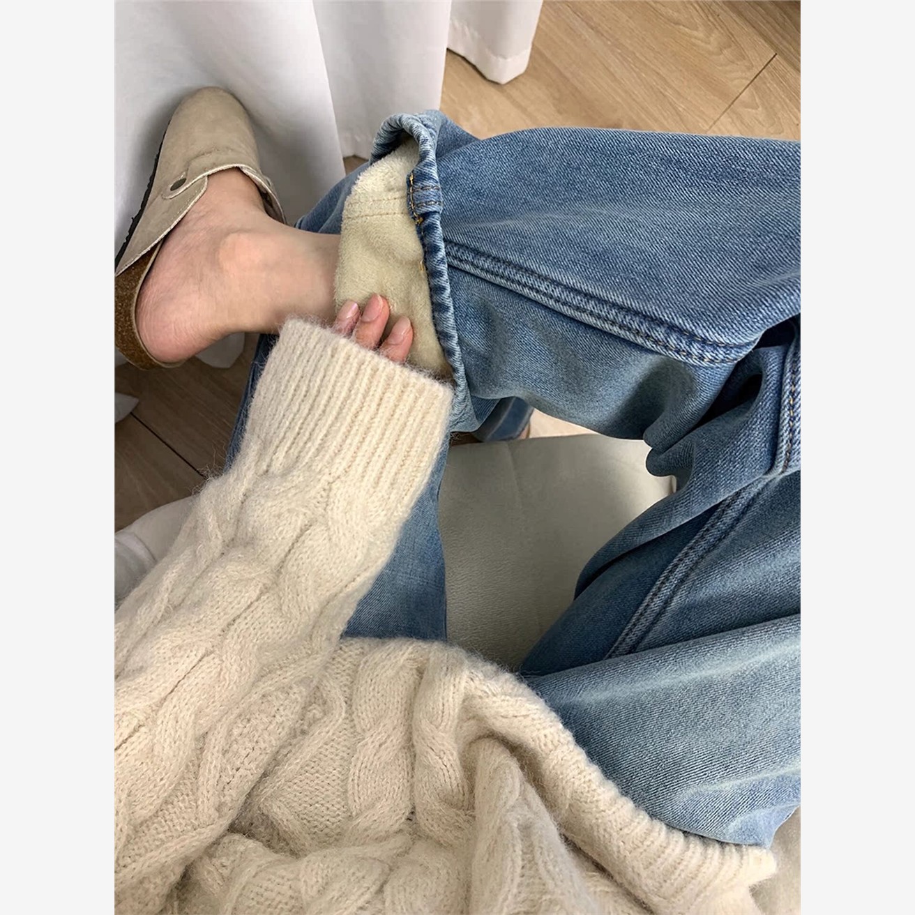 加绒加厚覆古蓝直筒牛仔