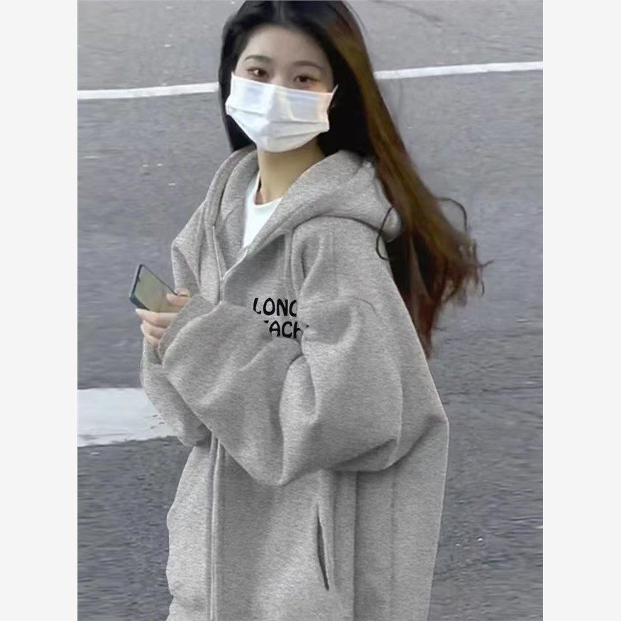 纯棉秋冬加绒加厚连帽卫衣女2024新款oversize美式拉炼开衫外套潮