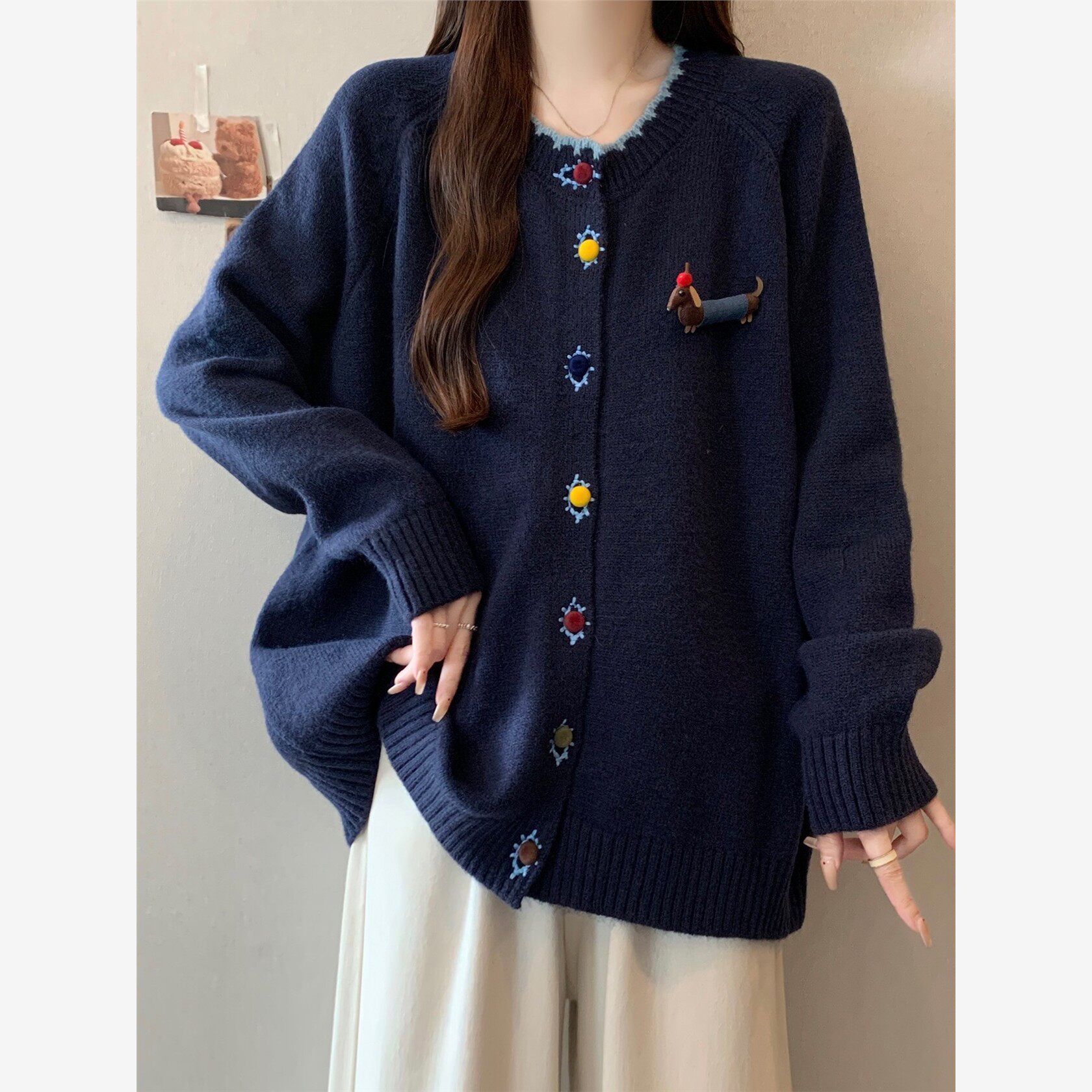 藏青色彩色纽扣软糯针织开衫女秋冬大码胖mm宽松慵懒减龄毛衣外套