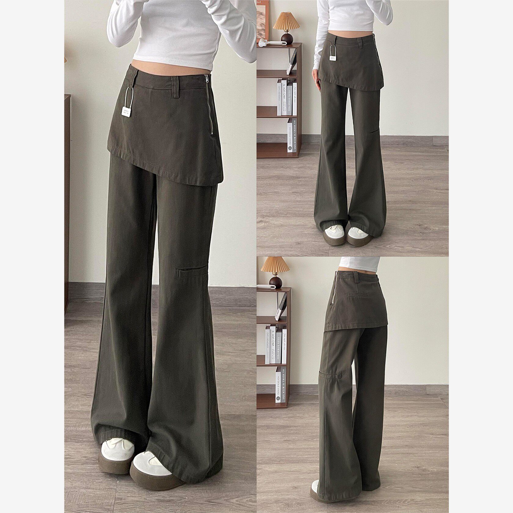 美式假两件微喇工装裤女秋季新款大码胖mm高腰宽松显瘦休闲喇叭裤