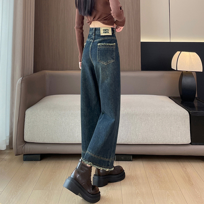 加绒复古直筒牛仔裤女秋冬新款