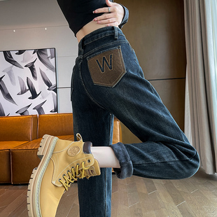 胖mm遮肉显瘦小个子老爹裤 高腰宽松大码 女秋冬新款 加绒哈伦牛仔裤