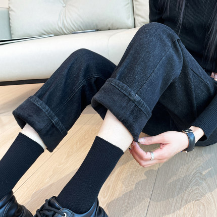 加绒烟管裤女2025新款秋冬款小个子高腰显瘦加厚保暖直筒牛仔裤子