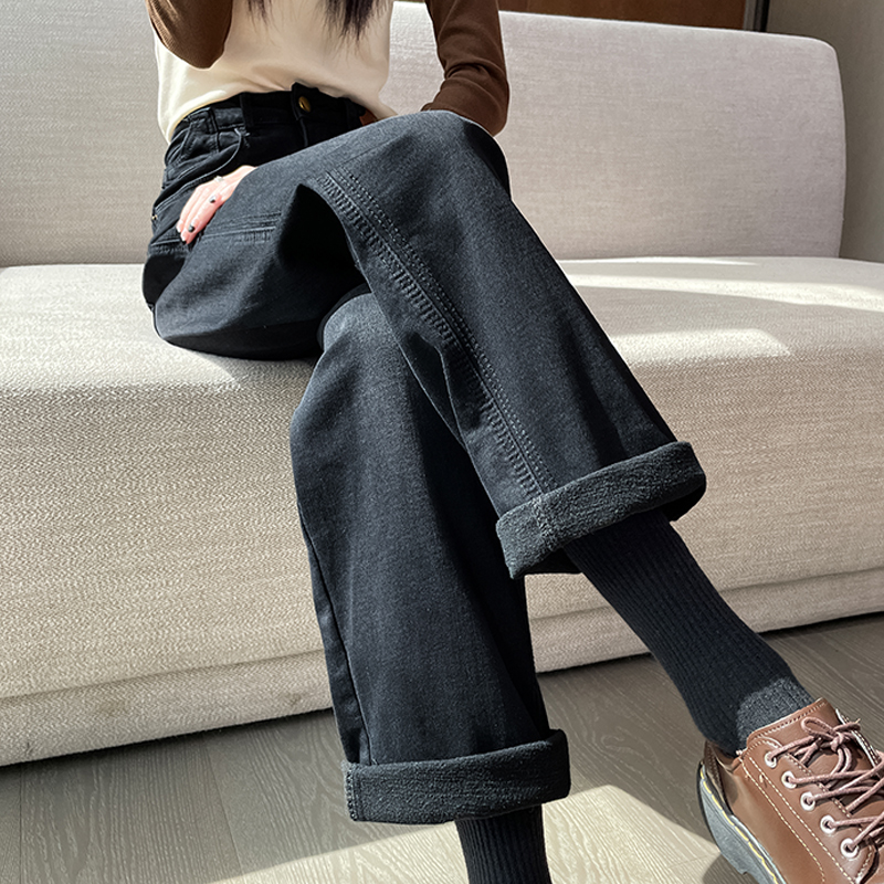加绒阔腿牛仔裤女高腰秋冬新款