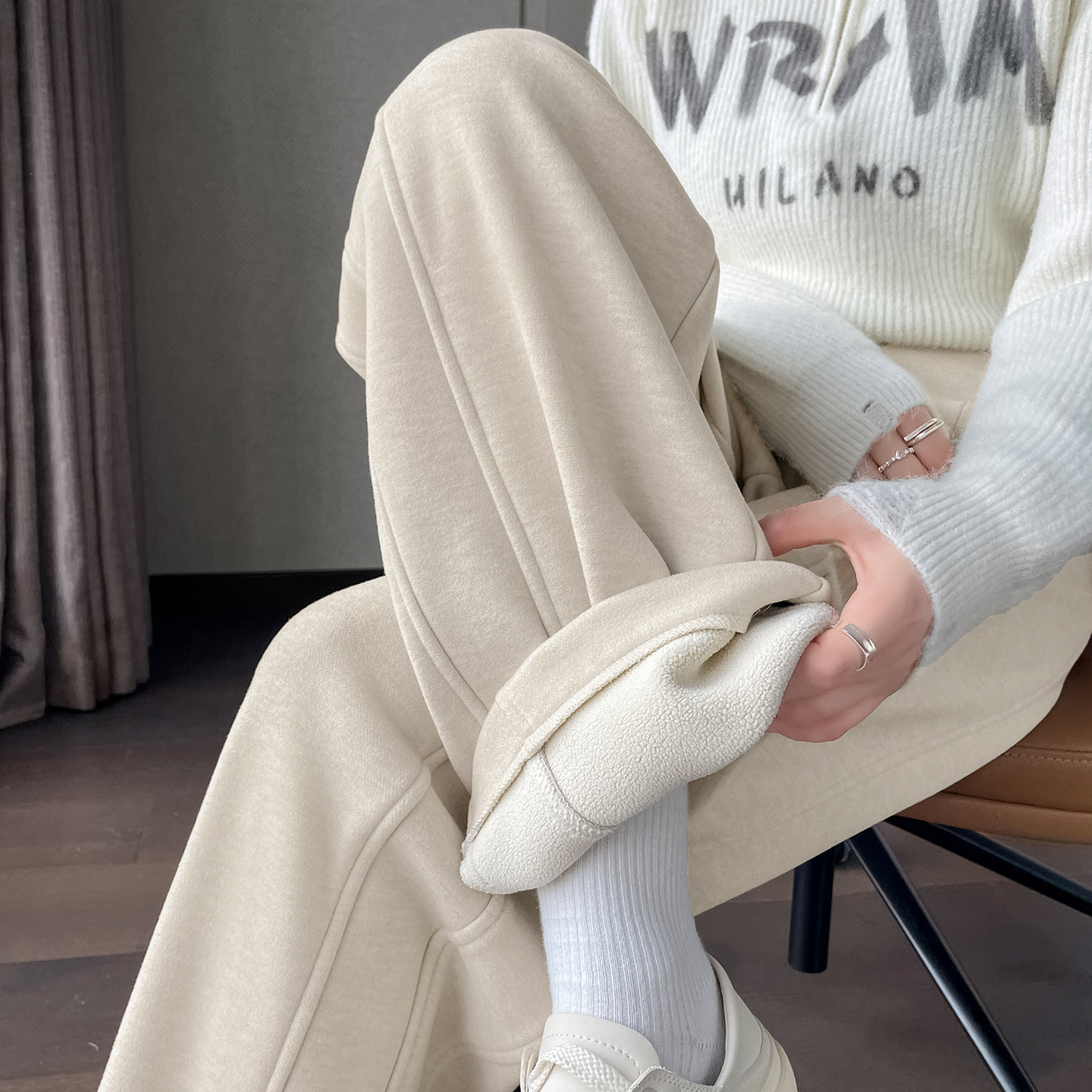 加绒加厚休闲毛呢裤女