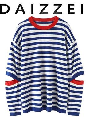 DAIZZEI~设计感撞色蓝白条纹显瘦针织衫女秋新款羊绒镂空长袖上衣