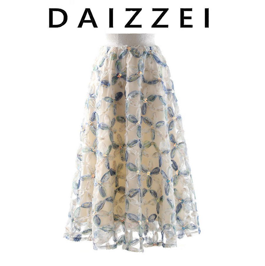DAIZZEI~重工花朵亮片仙女纱裙2025夏新款遮胯长款伞裙a字半身裙