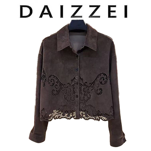 DAIZZEI~2025新款重工刺绣皮绒面翻领镂空短款衬衫女长袖皮衣外套