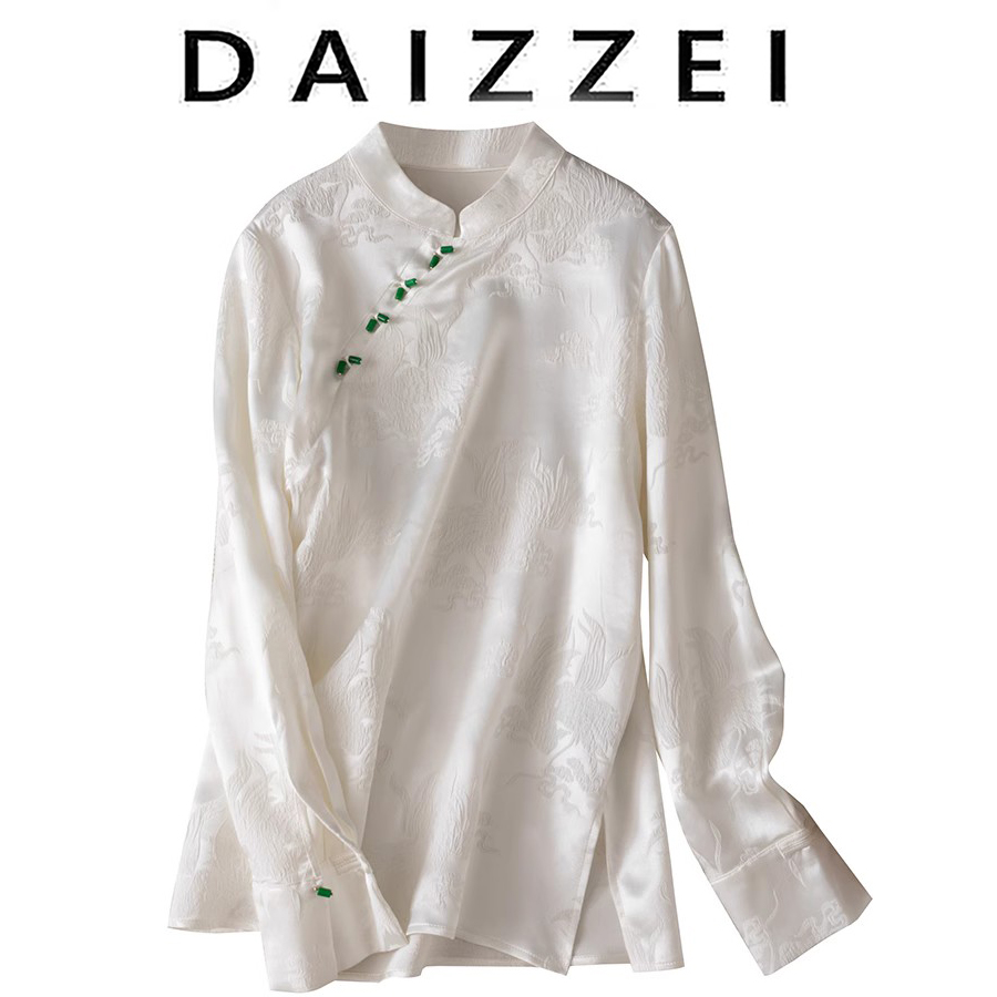 DAIZZEI~早秋重磅提花真丝中式盘扣斜襟立领长袖白衬衫女开叉上衣