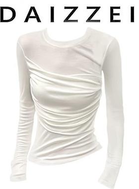 DAIZZEI~纯欲甜美减龄显瘦修身褶皱长袖T恤女洋气设计感内搭上衣