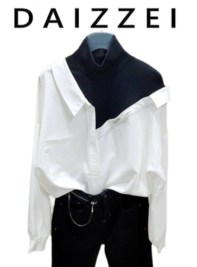 DAIZZEI~2025春装新款宽松高领拼接白色上衣假两件女士长袖衬衫潮