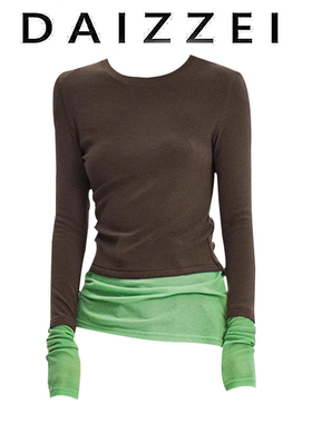DAIZZEI~秋冬新款时尚亲肤裸感撞色针织打底衫假两件长袖T女上衣