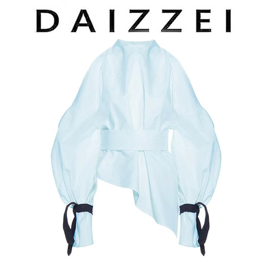 法式气质不规则蓝色衬衫女春新款