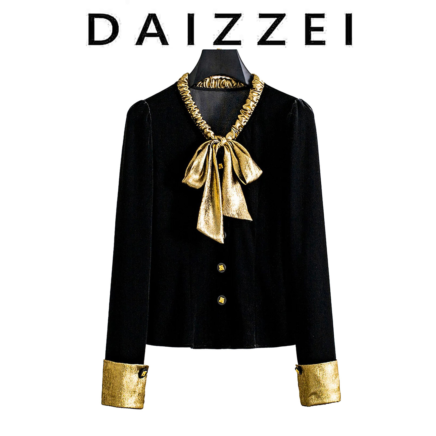 DAIZZEI~轻奢蝴蝶结系带丝绒衬衫女春秋新款金丝绒高级感洋气上衣