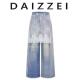 裤 DAIZZEI 爆款 2025新款 子 小众设计蕾丝拼接假两件做旧阔腿牛仔裤