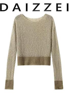 DAIZZEI~法式复古撞色缕空套头针织衫女秋新款休闲长袖小香风上衣