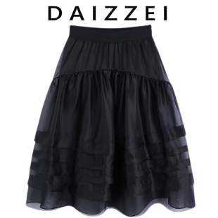 DAIZZEI~2025夏新款黑色桑蚕丝蓬蓬半身裙女松紧腰中长款a字短裙