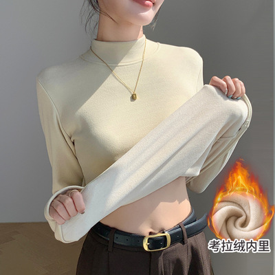 胖mm半高领加绒羊毛打底衫上衣女