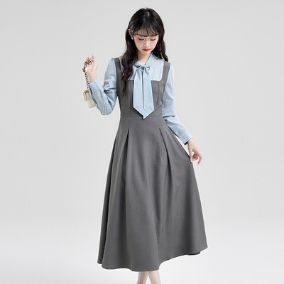 2025秋假两件灰蓝长袖打底连衣裙