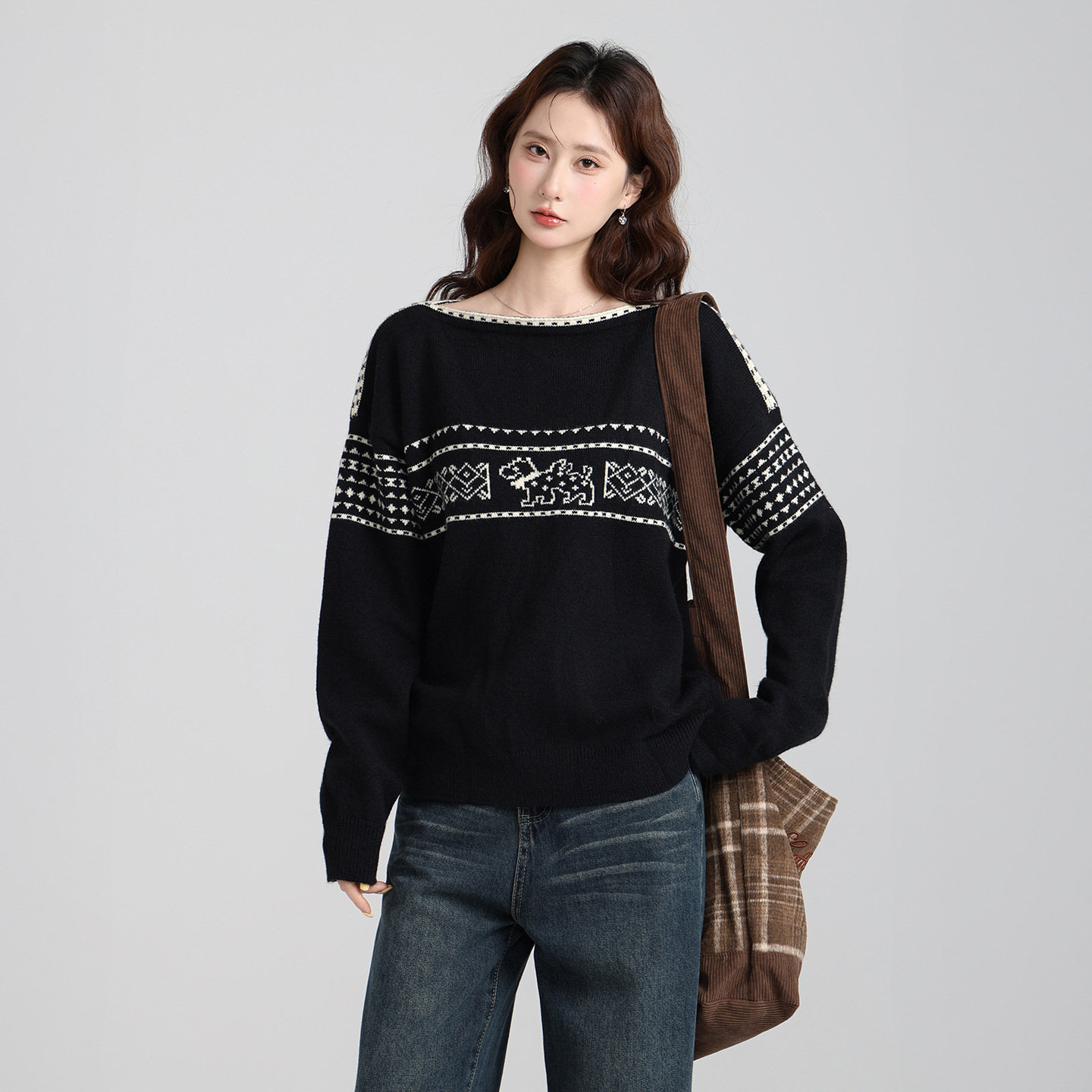 秋冬提花黑色宽松加厚针织毛衣女