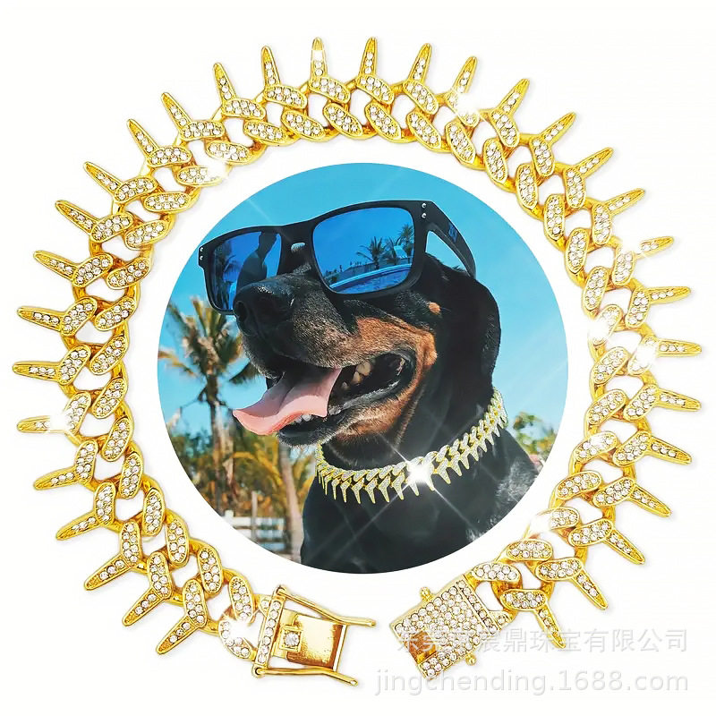 现货太阳形装尖钻镶钻金色狗项圈狗项链嘻哈风镶钻亚马逊跨境