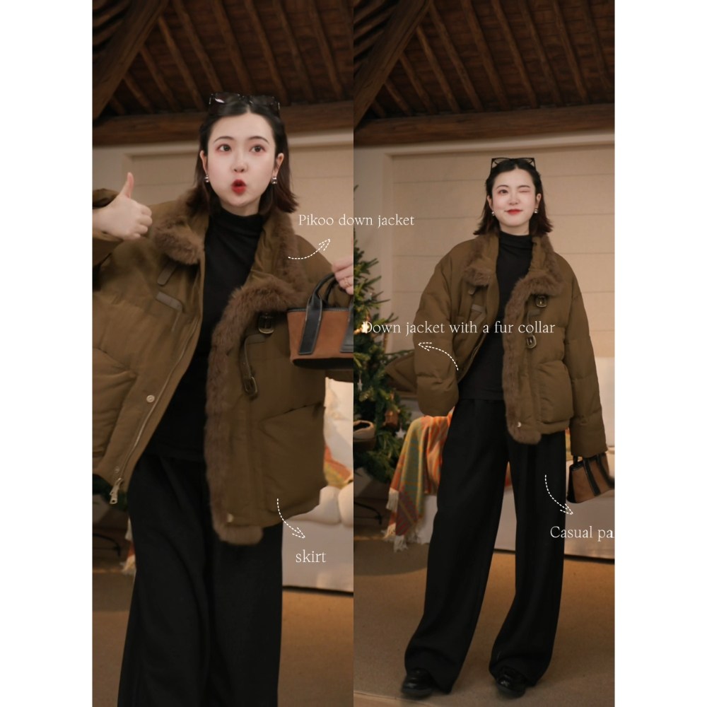 郑买买 小欧包 新款时尚休闲皮扣式高级感毛领短款羽绒服冬季女款