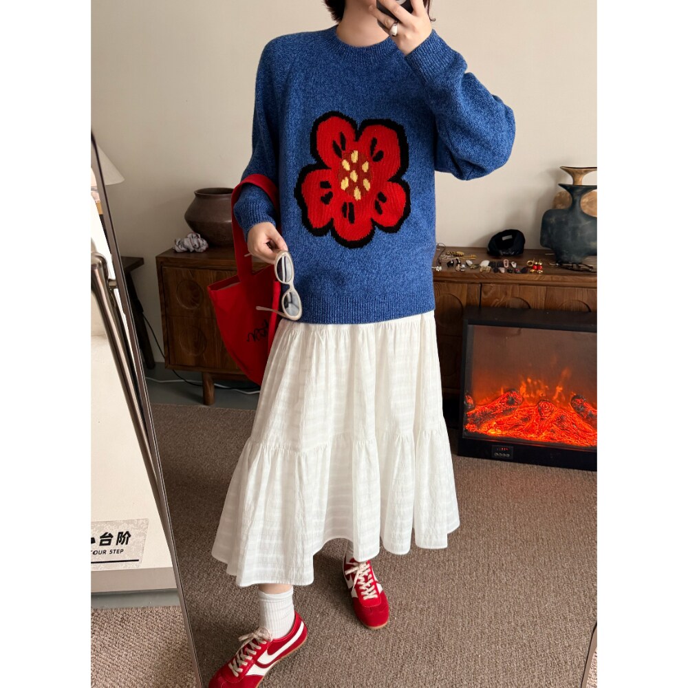 郑买买 红花毛衣 春季新款休闲百搭韩系时髦绝美巨好看针织毛衣女