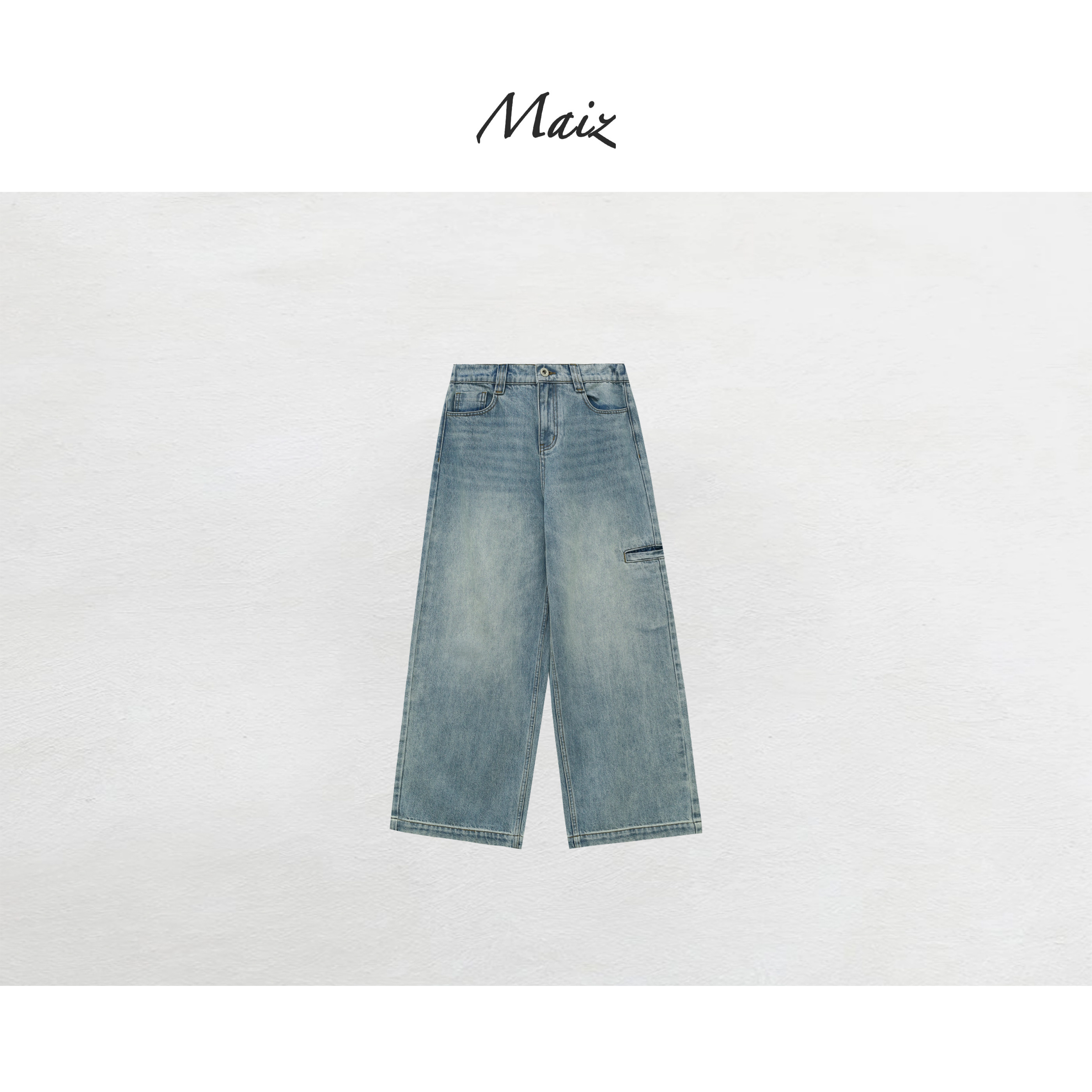 郑买买 口袋牛仔裤 春季新款休闲百搭简约水洗磨白显瘦阔腿牛仔裤