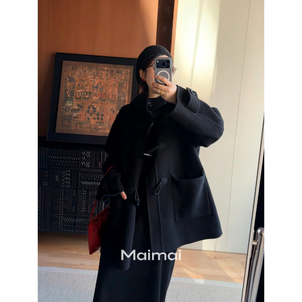 郑买买 千岛大衣 2025新款秋冬季百搭显瘦牛角扣连帽双面呢大衣女