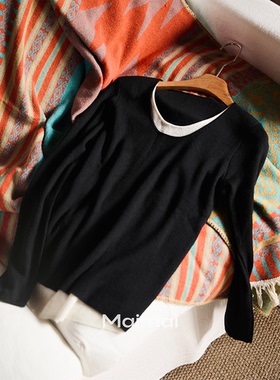 郑买买 月夜微光 秋冬季新款韩系假两件显简约瘦百搭内搭针织衫女