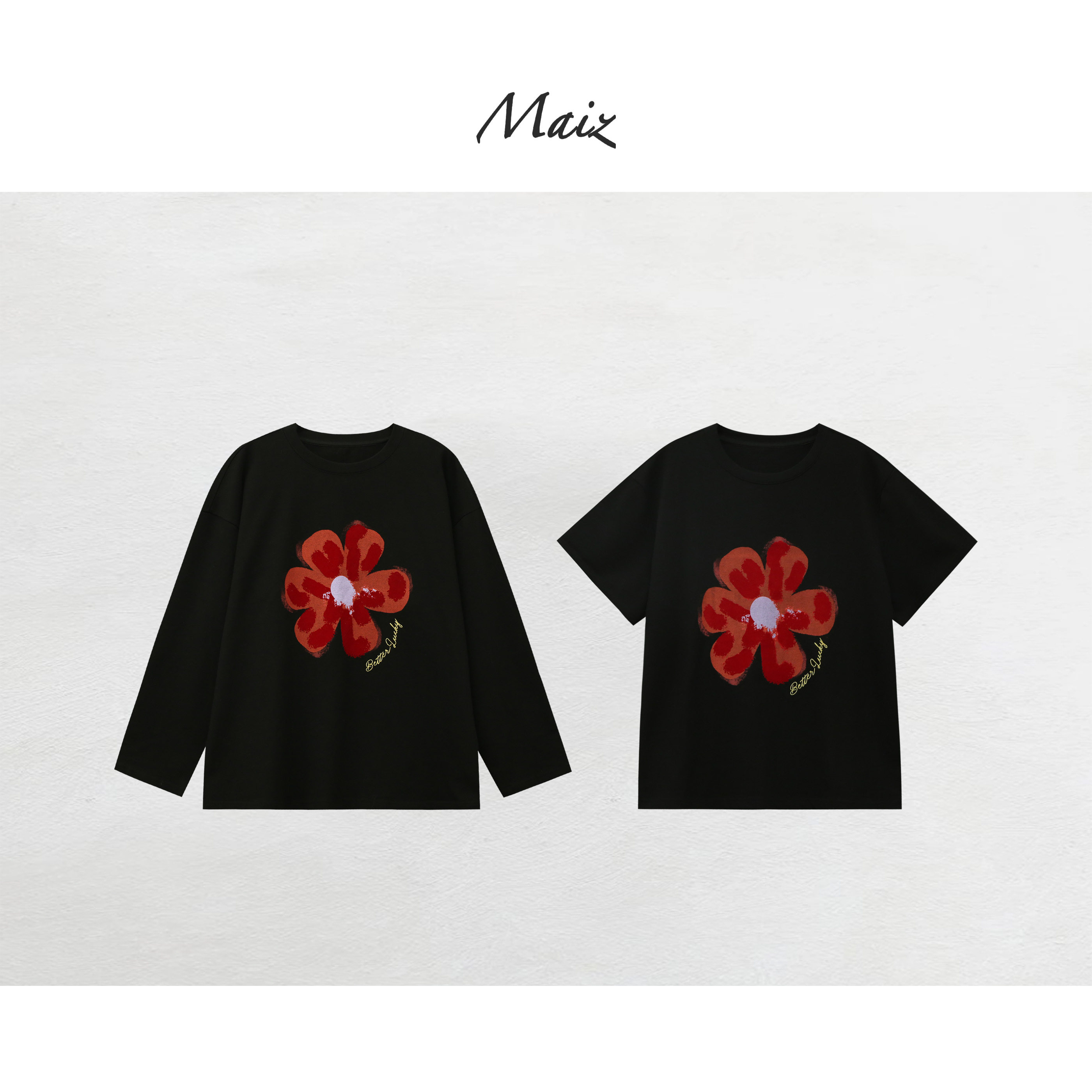 郑买买 春日红花 春季新款纯棉百搭慵懒显瘦圆领独特好看的T恤女