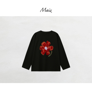 春日红花 长袖 春季 百搭慵懒显瘦圆领独特好看 T恤女 新款 郑买买