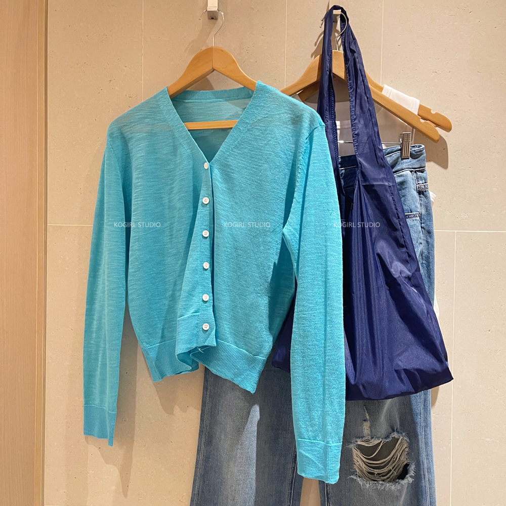 KOGIRL夏季轻薄透气多巴胺蓝色仿亚麻V领宽松空调防晒开衫上衣女
