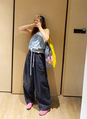 KOGIRL水洗棉廓形松弛感休闲简约松紧腰阔腿裤宽松显瘦舒适长裤夏