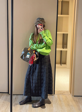 KOGIRL冬季绗棉肌理感日系复古简约咖色松紧腰A字廓形显瘦半身裙