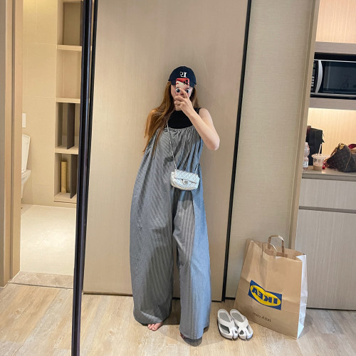 日系复古减龄竖条纹吊带连体裤女