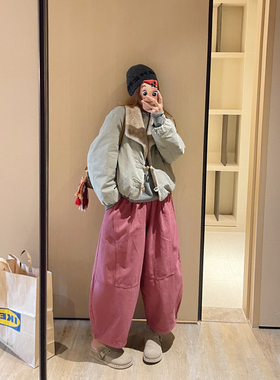 KOGIRL冬季抓绒日系慵懒弧形阔腿宽松休闲裤加厚保暖廓形气球裤女