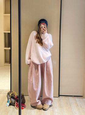 高腰毛呢褶皱宽松保暖羊毛西裤女
