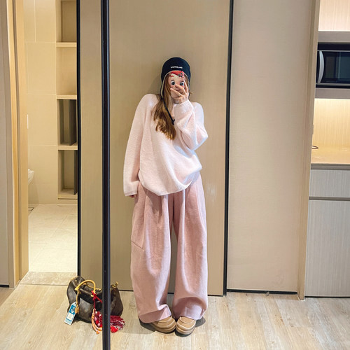 高腰毛呢褶皱宽松羊毛混纺西裤女
