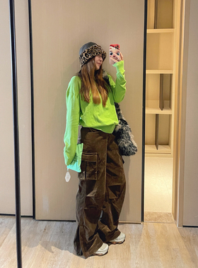 KOGIRL冬季美式复古灯芯绒宽松大口袋侧拉链松弛休闲工装显瘦长裤