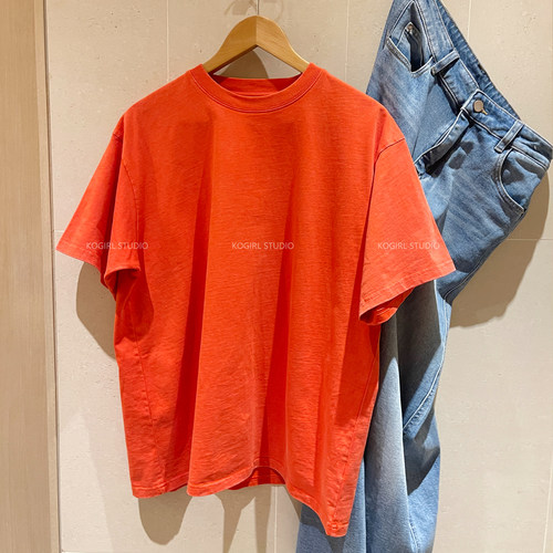 水洗做旧牛仔感宽松短袖T恤上衣