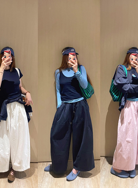 KOGIRL天然面料柔软韩系简约慵懒多色松紧抽绳宽松廓形休闲裤日系