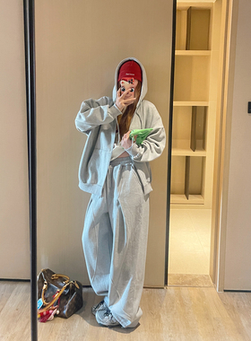 KOGIRL冬季加绒韩系东大门休闲松弛感纯色大版廓形拉链外套休闲裤