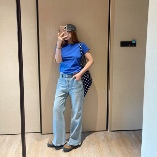 KOGIRL 浅蓝色显腿瘦直高腰侧开叉直筒牛仔裤2026新款长裤女韩系