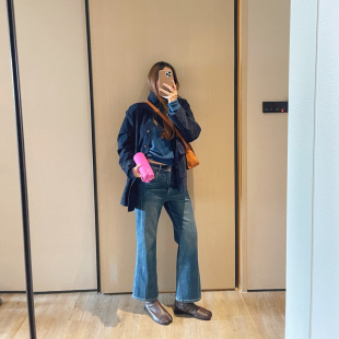 KOGIRL冬季拉绒立体侧线剪裁高腰简约直筒显瘦微喇九分牛仔裤女