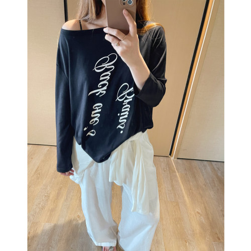 韩系字母印花可露肩防晒T恤女