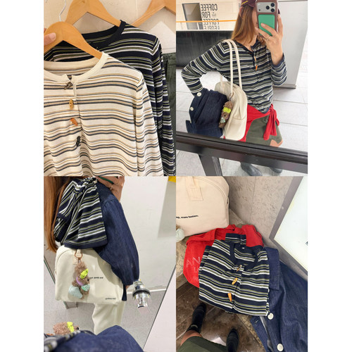 牛角扣条纹叠穿圆领长袖上衣女