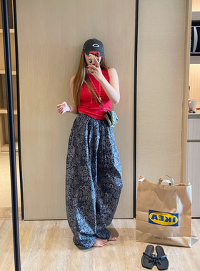 KOGIRL夏季韩系博主款东大门腰果花压褶阔腿显瘦薄款防晒休闲裤女